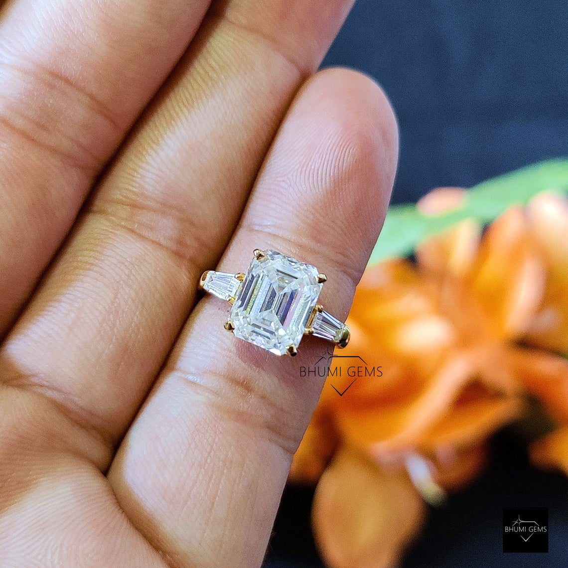 3CT Emerald Cut Moissanite Three Stone Engagement Ring - view 2