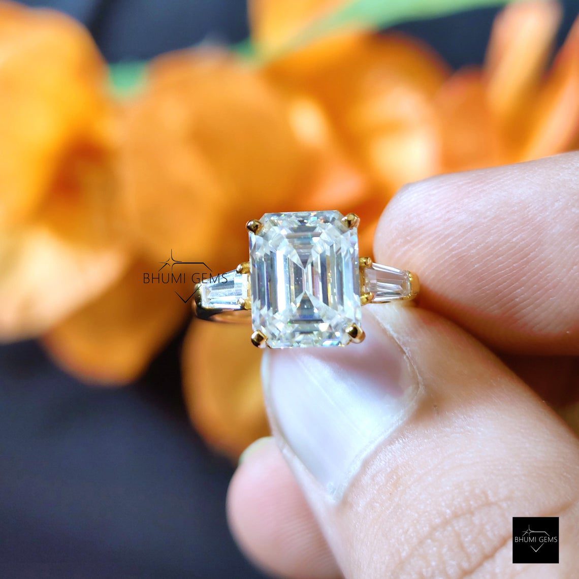 3CT Emerald Cut Moissanite Three Stone Engagement Ring - view 3
