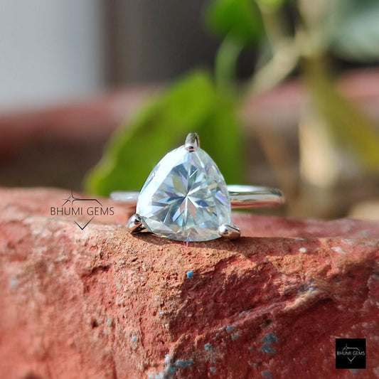 3CT Light Blue Trillion Solitaire Moissanite Ring | Engagement Ring | Claw Prongs | Solid White Gold Wedding Ring | Anniversary Gift For Her