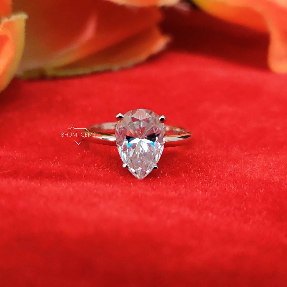 3CT Pear Colorless Solitaire Moissanite Ring, Engagement Ring, Claw Prongs Solid Rose Gold Wedding Ring, Perfect Anniversary Gift Bhumi Gems