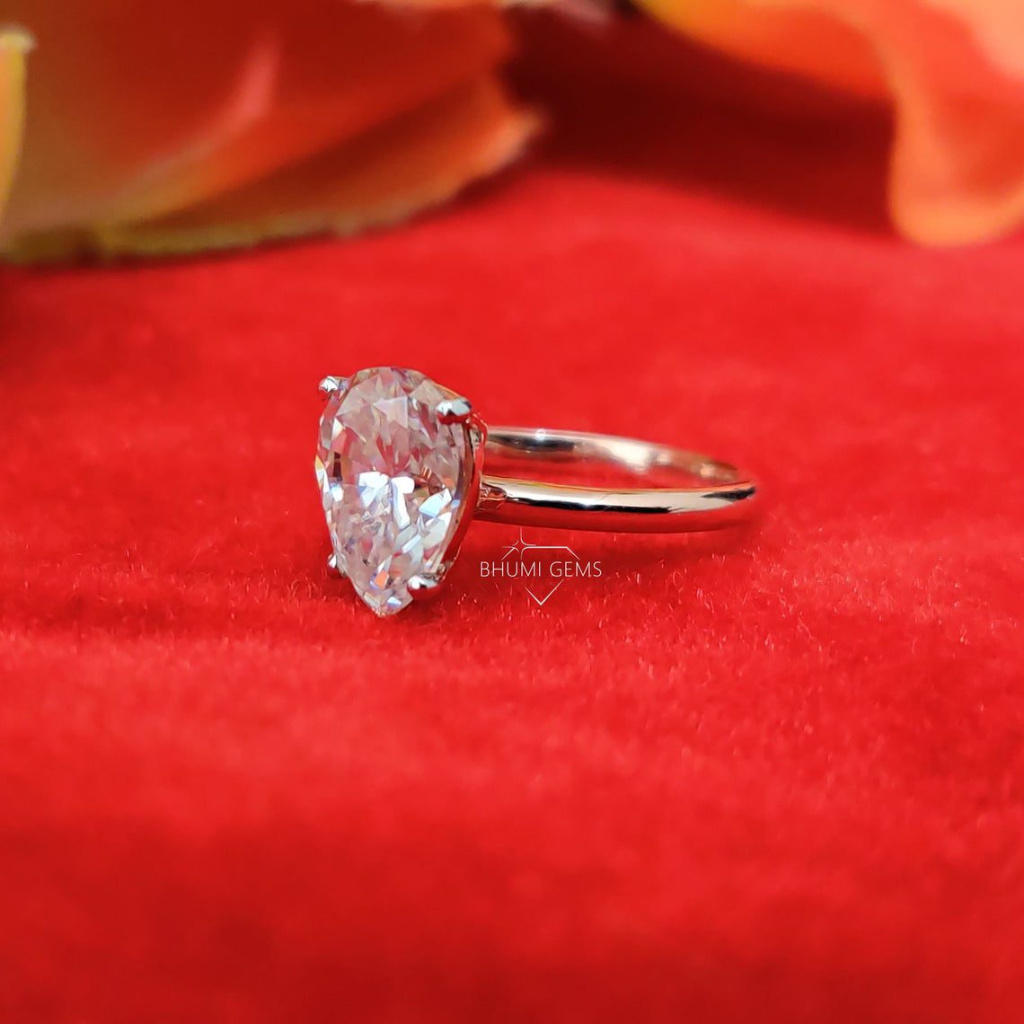 3CT Pear Colorless Solitaire Moissanite Ring, Engagement Ring, Claw Prongs Solid Rose Gold Wedding Ring, Perfect Anniversary Gift Bhumi Gems