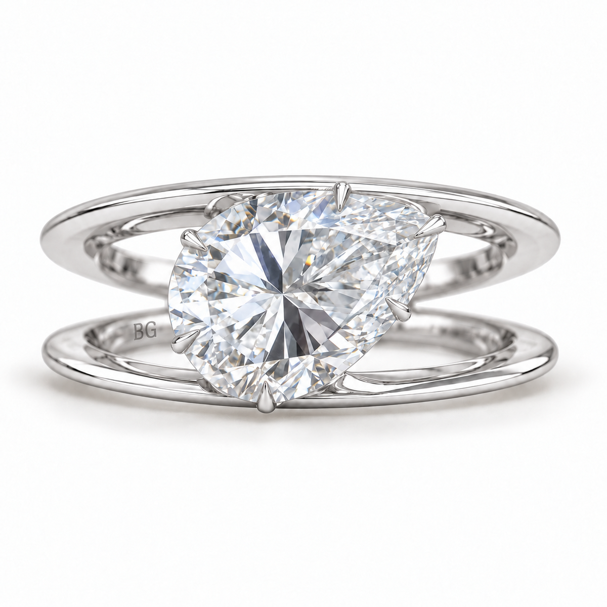 Pear Shaped Moissanite Engagement Ring - East-West Split Shank