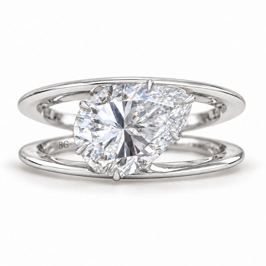 3 CT east-west pear moissanite engagement ring with open split shank in white gold