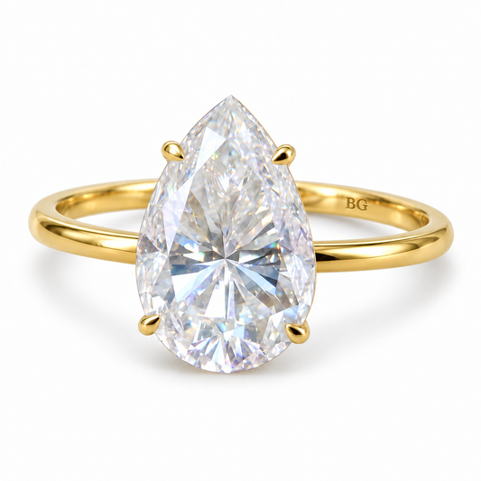 3 CT pear moissanite solitaire engagement ring with claw prongs in yellow gold