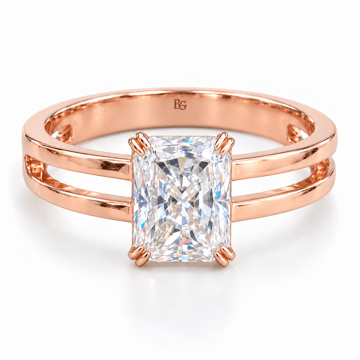 3 CT radiant moissanite engagement ring with double claws and dual band shank in rose gold