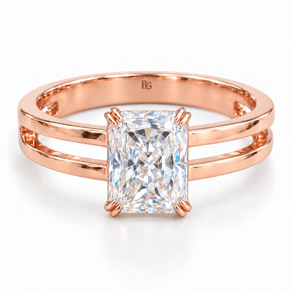3 CT radiant moissanite engagement ring with double claws and dual band shank in rose gold