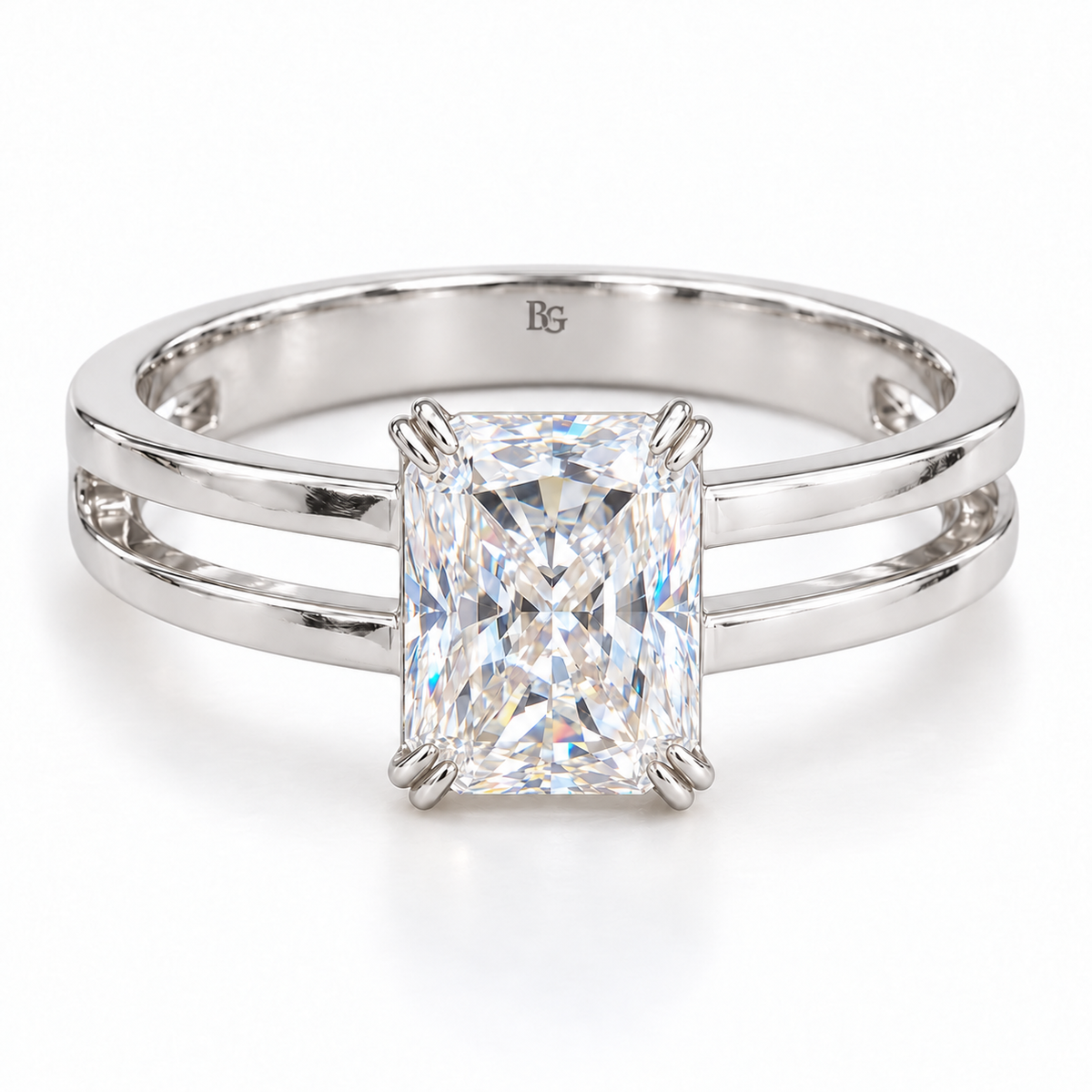 3 CT radiant moissanite engagement ring with double claws and dual band shank in white gold
