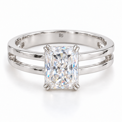 3 CT radiant moissanite engagement ring with double claws and dual band shank in white gold