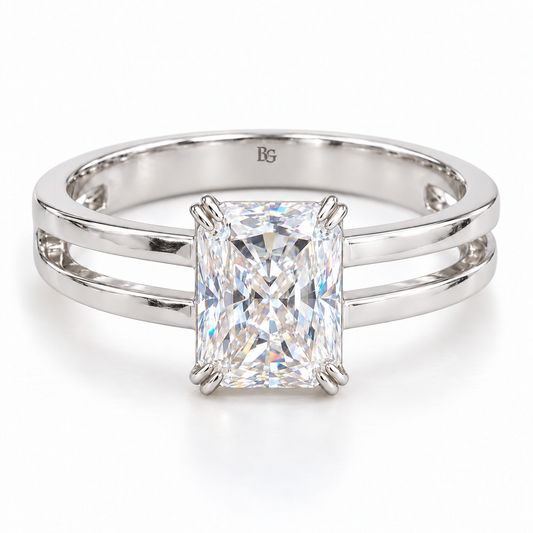 3 CT radiant moissanite engagement ring with double claws and dual band shank in white gold