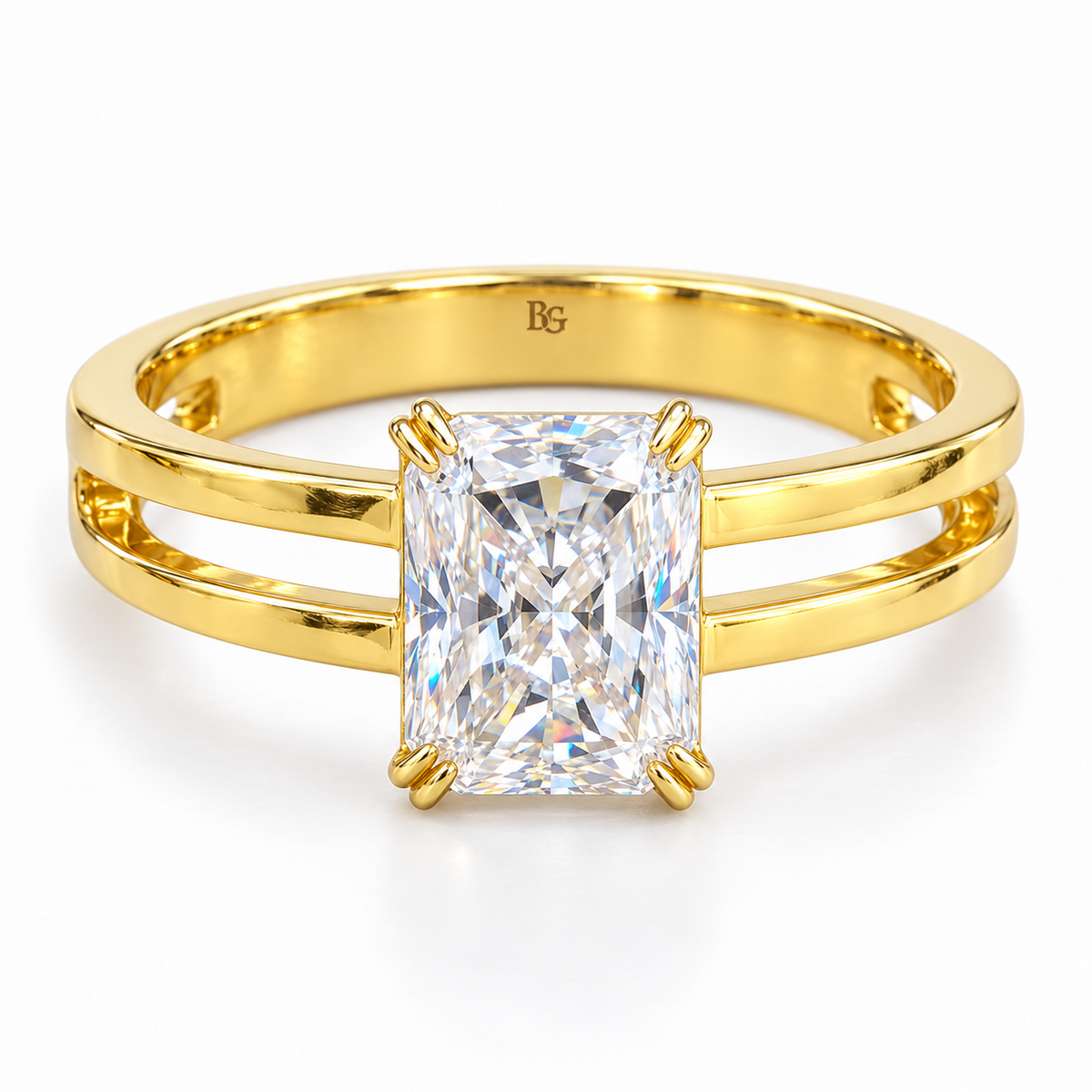 3 CT radiant moissanite engagement ring with double claws and dual band shank in yellow gold
