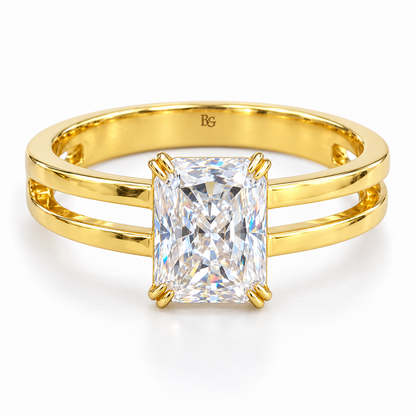 3 CT radiant moissanite engagement ring with double claws and dual band shank in yellow gold