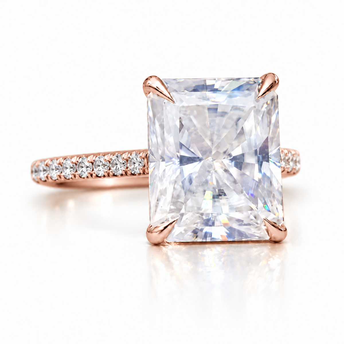 3 CT radiant cut moissanite engagement ring with pave band in rose gold