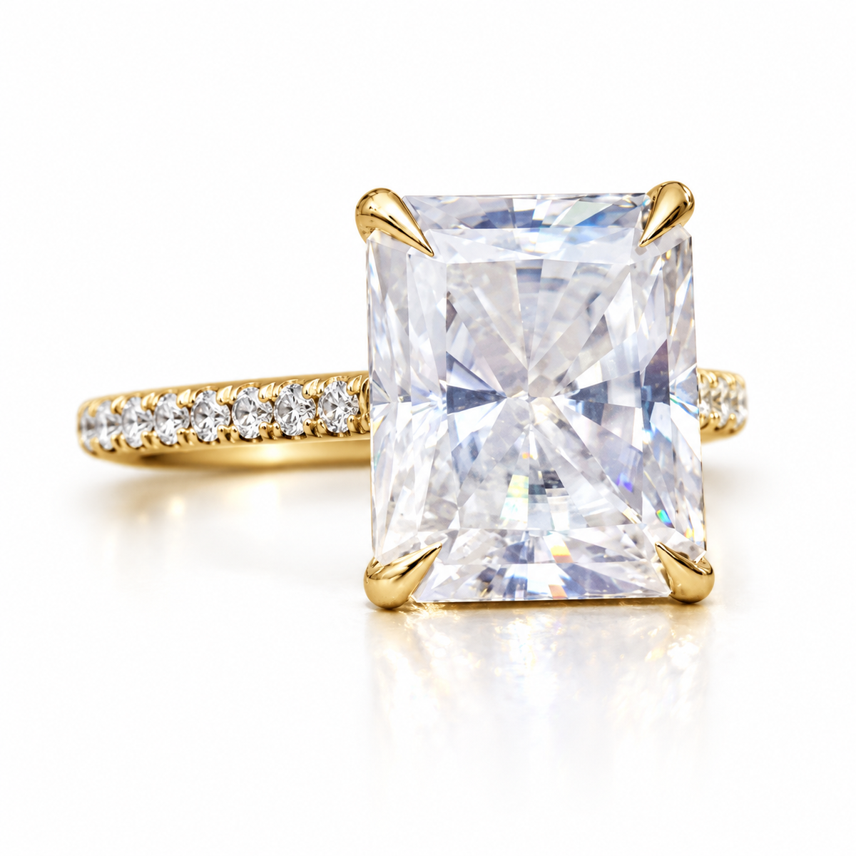 3 CT radiant cut moissanite engagement ring with pave band in yellow gold