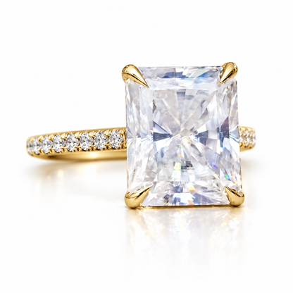 3 CT radiant cut moissanite engagement ring with pave band in yellow gold