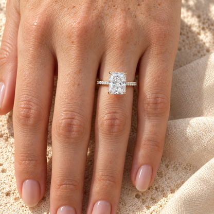 3 CT radiant cut moissanite pave engagement ring worn on the hand