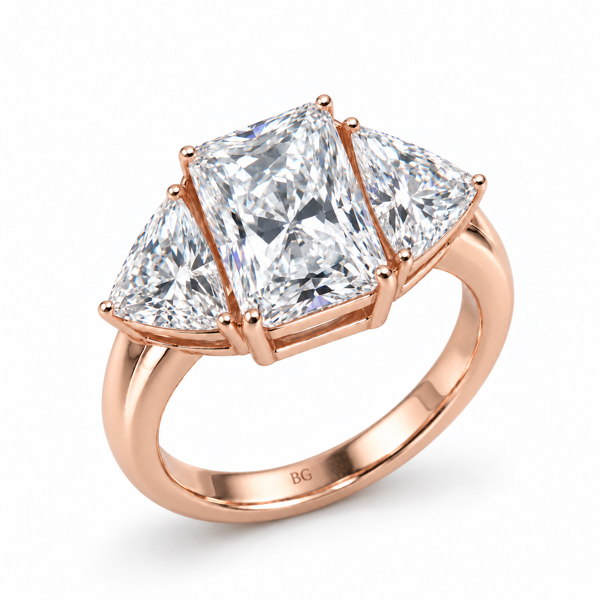 3 CT radiant and trillion cut moissanite three stone engagement ring in rose gold