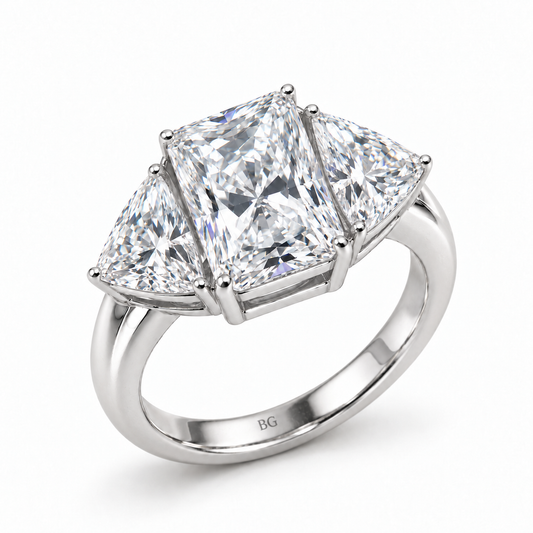 3 CT radiant and trillion cut moissanite three stone engagement ring in white gold