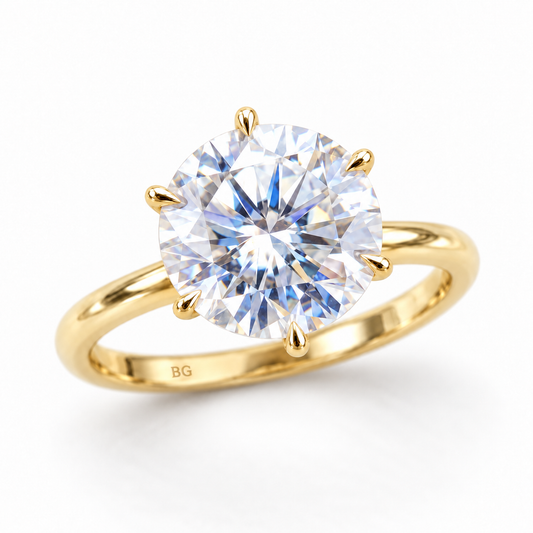 3 CT round moissanite six prong solitaire engagement ring in yellow gold