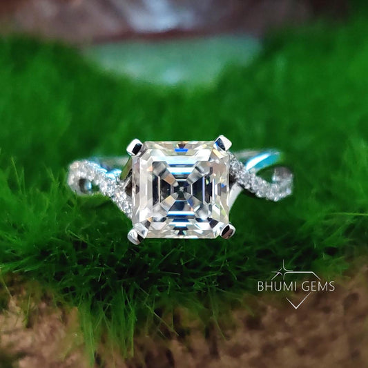 Twisted Halo Solitaire Ring | Asscher Cut Moissanite Ring