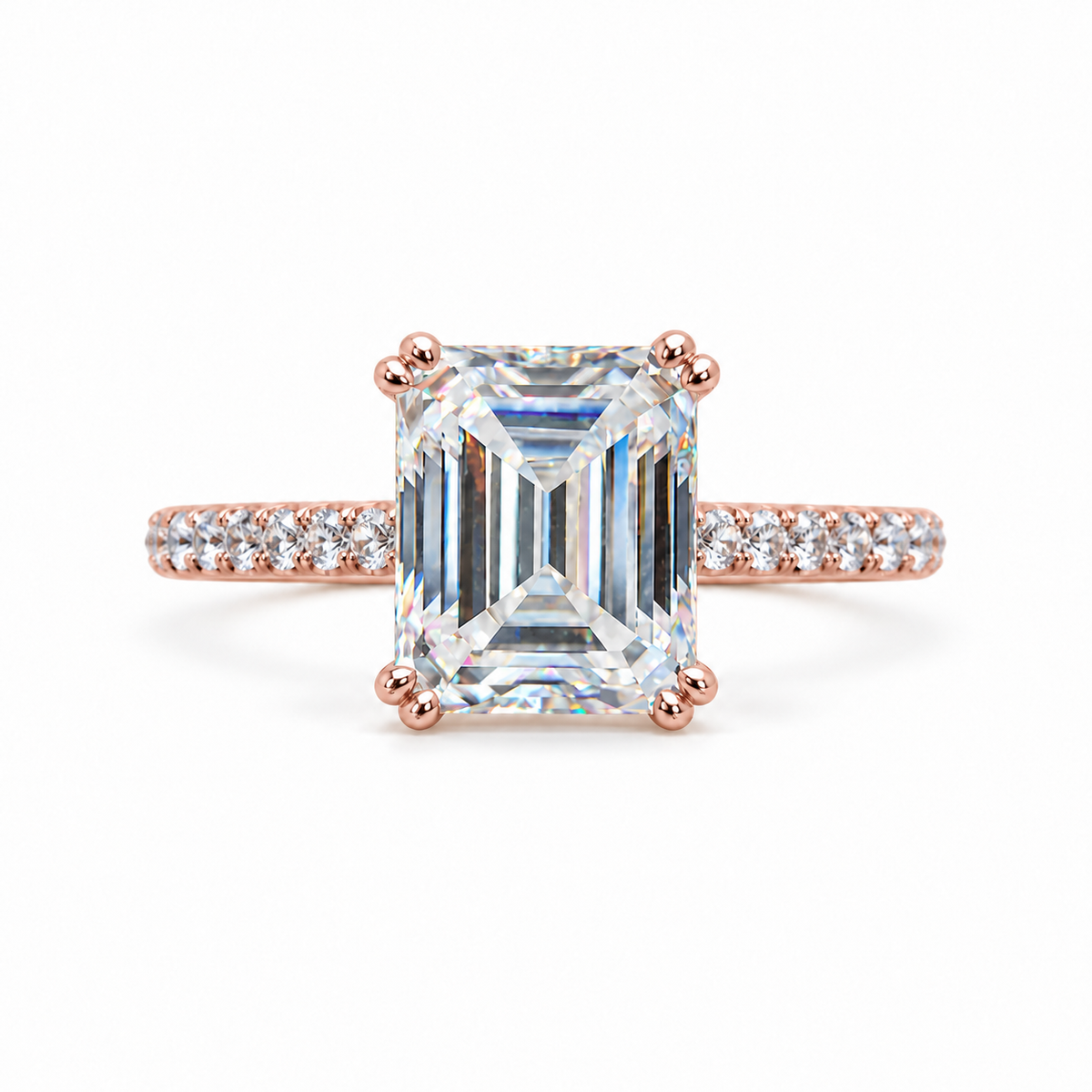 4 CT Colorless Emerald Cut Moissanite Engagement Ring - Rose gold - front view