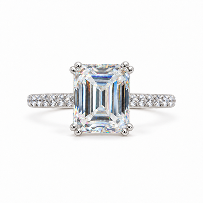 4 CT Colorless Emerald Cut Moissanite Engagement Ring - White gold - front view
