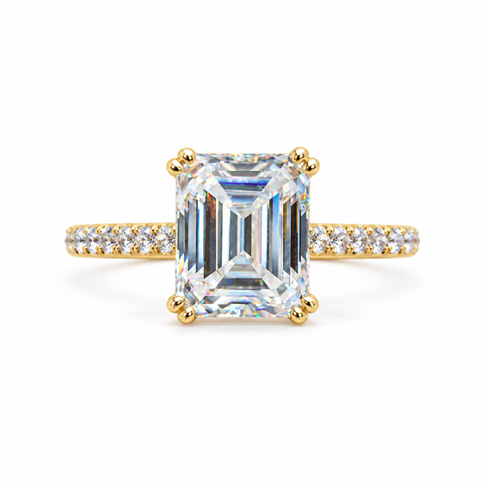 4 CT Colorless Emerald Cut Moissanite Engagement Ring - Yellow gold - front view