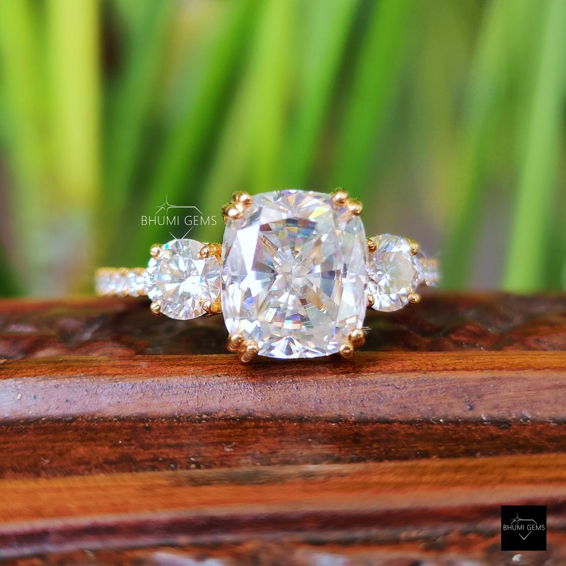 4.26 TCW Elongated Cushion Moissanite Three Stone Engagement Ring - view 3
