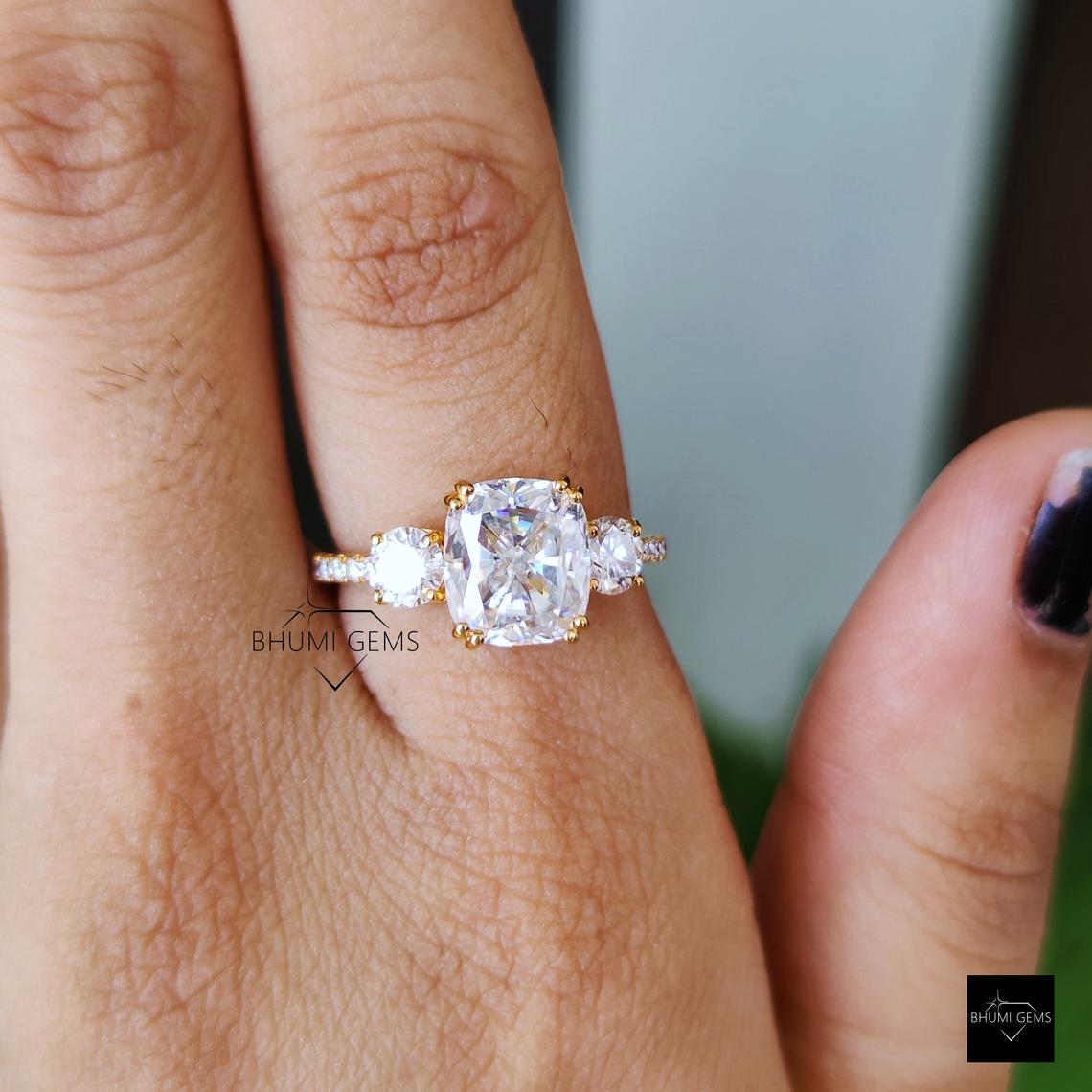 4.26 TCW Elongated Cushion Moissanite Three Stone Engagement Ring - view 2