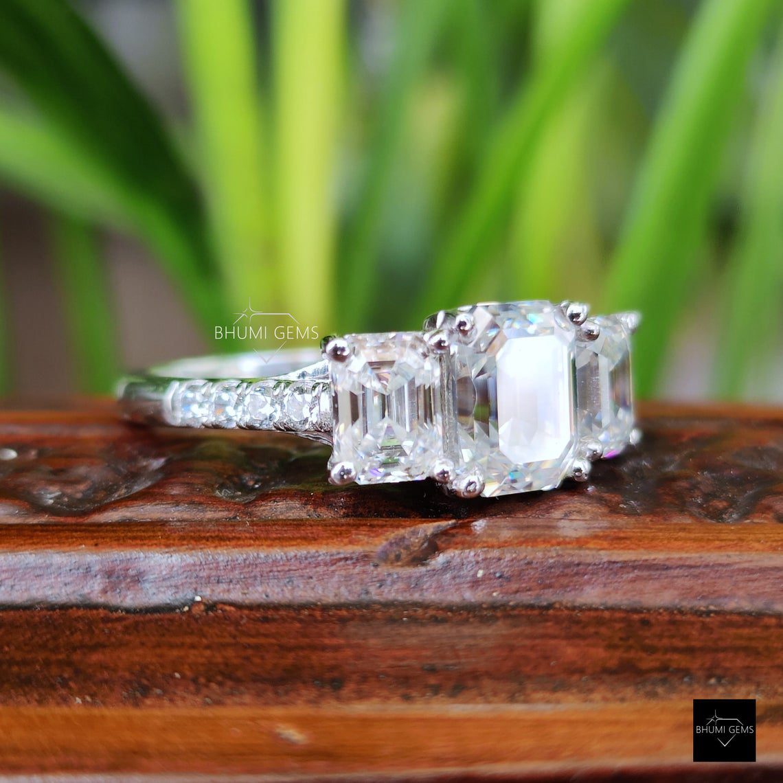 4.61 TW Emerald Three Stone Moissanite Ring - view 3