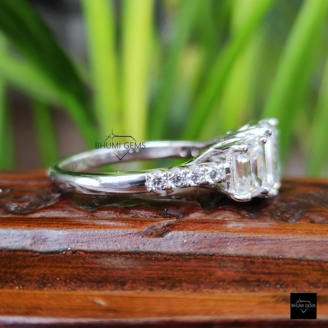 4.61 TW Emerald Three Stone Moissanite Ring - view 4