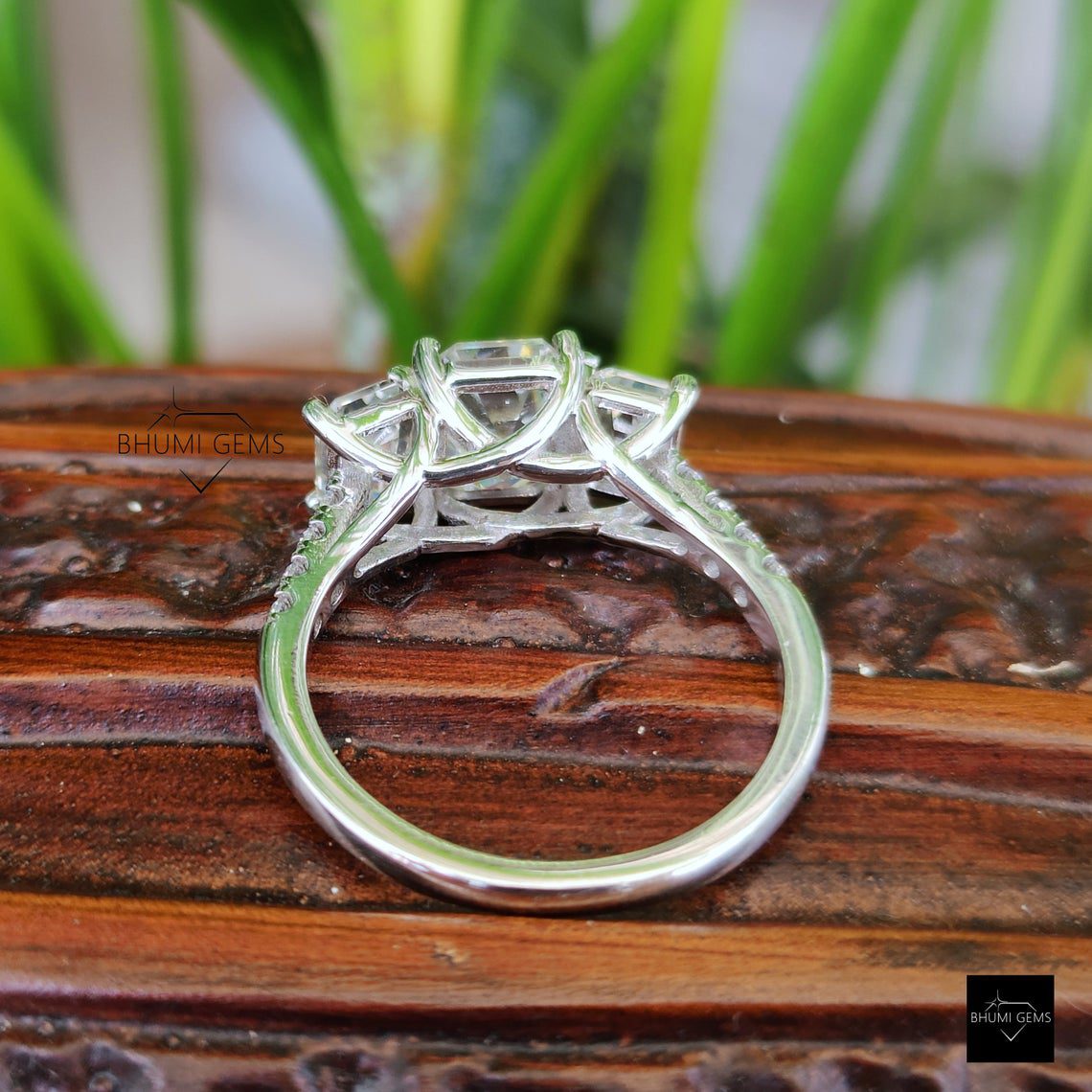 4.61 TW Emerald Three Stone Moissanite Ring - view 5