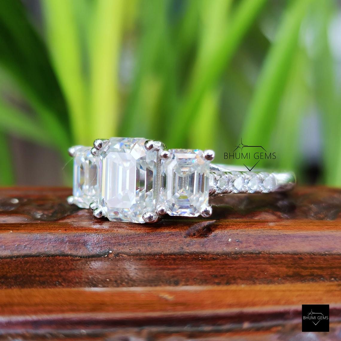 4.61 TW Emerald Three Stone Moissanite Ring - view 6