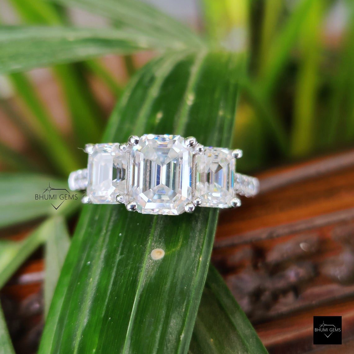4.61 TW Emerald Three Stone Moissanite Ring