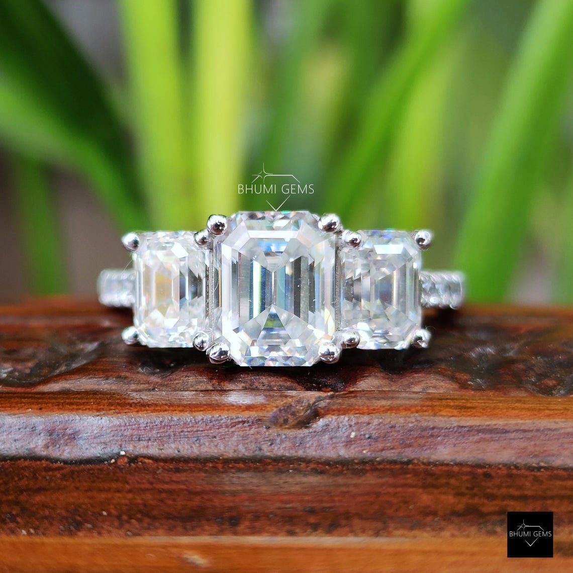 4.61 TW Emerald Three Stone Moissanite Ring - view 2