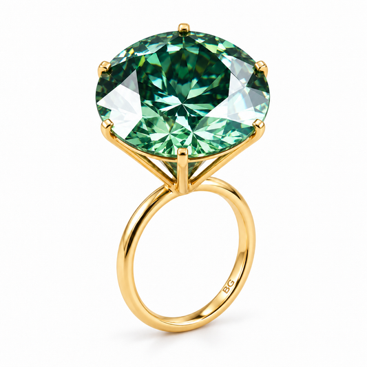 40 carat round green moissanite cocktail solitaire ring with tall six prong setting in yellow gold