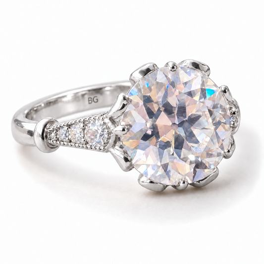 4 CT old European cut moissanite crown prong engagement ring with milgrain side stones in white gold