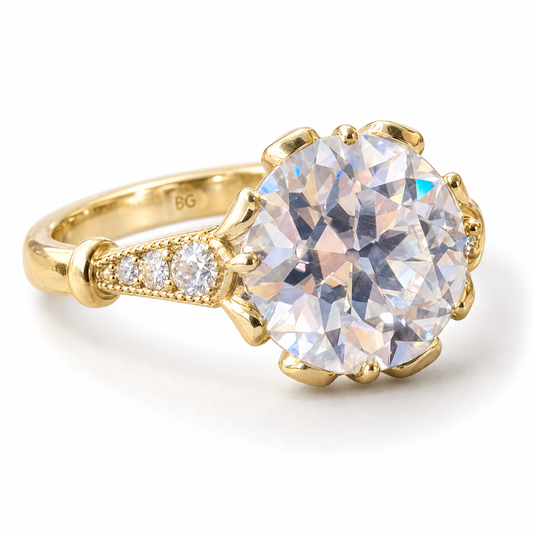 4 CT old European cut moissanite crown prong engagement ring with milgrain side stones in yellow gold