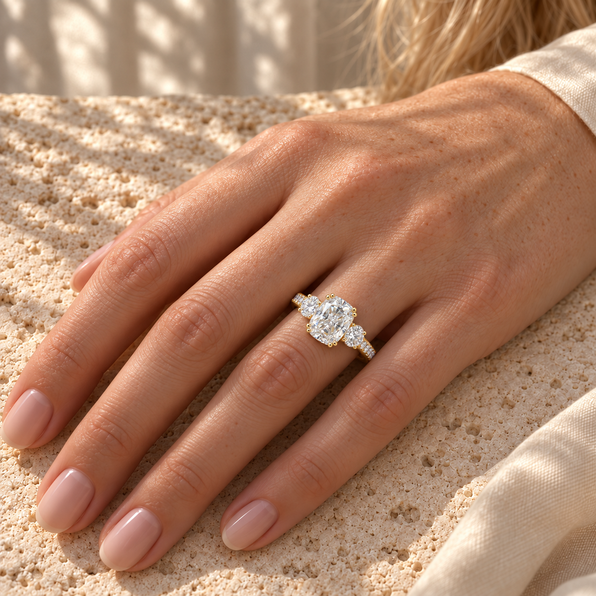Cushion three stone moissanite engagement ring worn on the hand