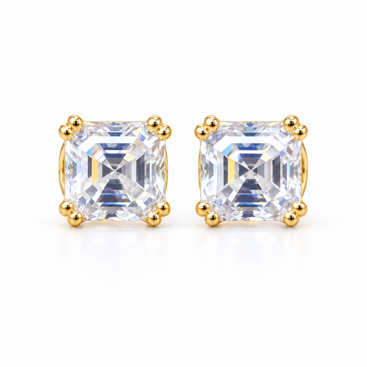 4 CT asscher cut moissanite double prong stud earrings in yellow gold