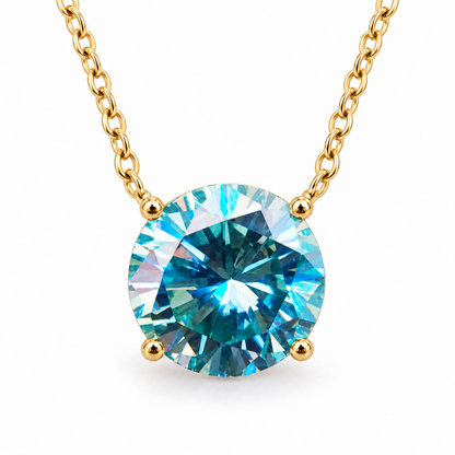 4 CT round blue moissanite solitaire pendant on a yellow gold chain