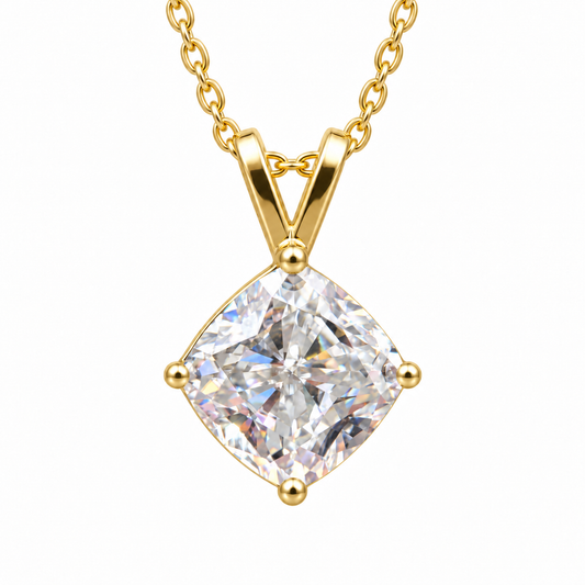 4 CT cushion cut moissanite solitaire pendant in yellow gold