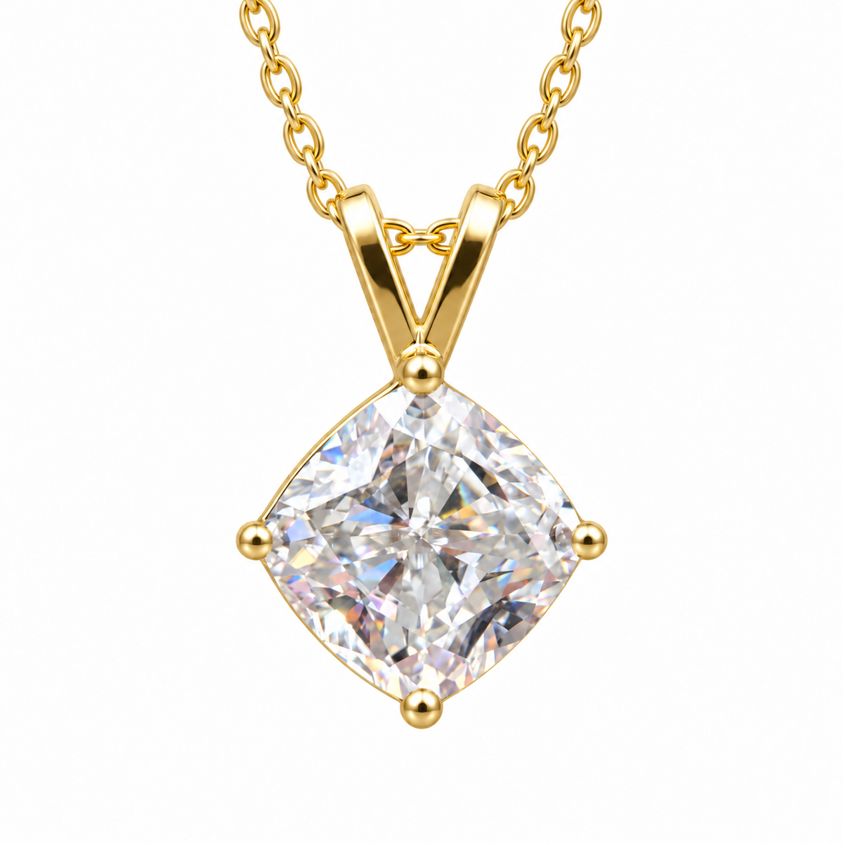 4 CT cushion cut moissanite solitaire pendant in yellow gold
