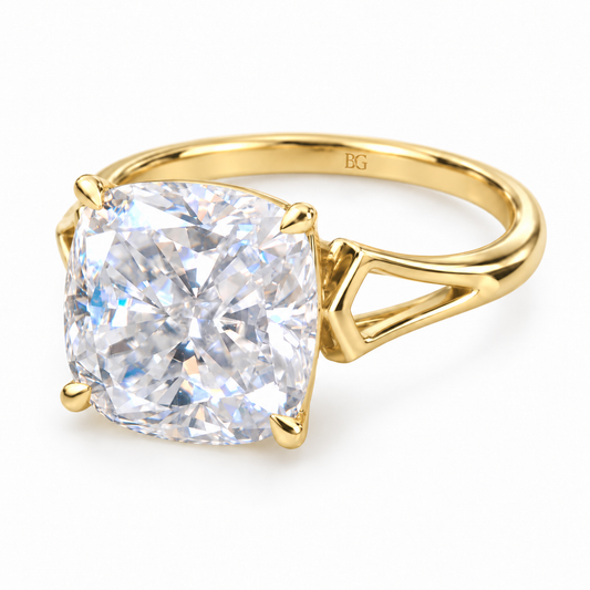 4 CT cushion moissanite solitaire engagement ring with split shoulders in yellow gold