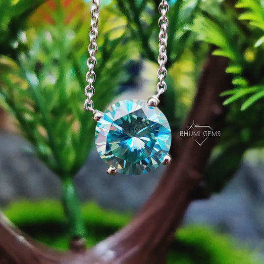 Round Blue Necklace | Moissanite Solitaire Simple Pendant