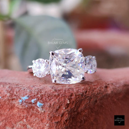 4TCW Cushion & Round Moissanite Ring, Three Stone Ring, Engagement Ring, Wedding Ring, Anniversary Ring, Vintage Ring, Gift For Her Antique