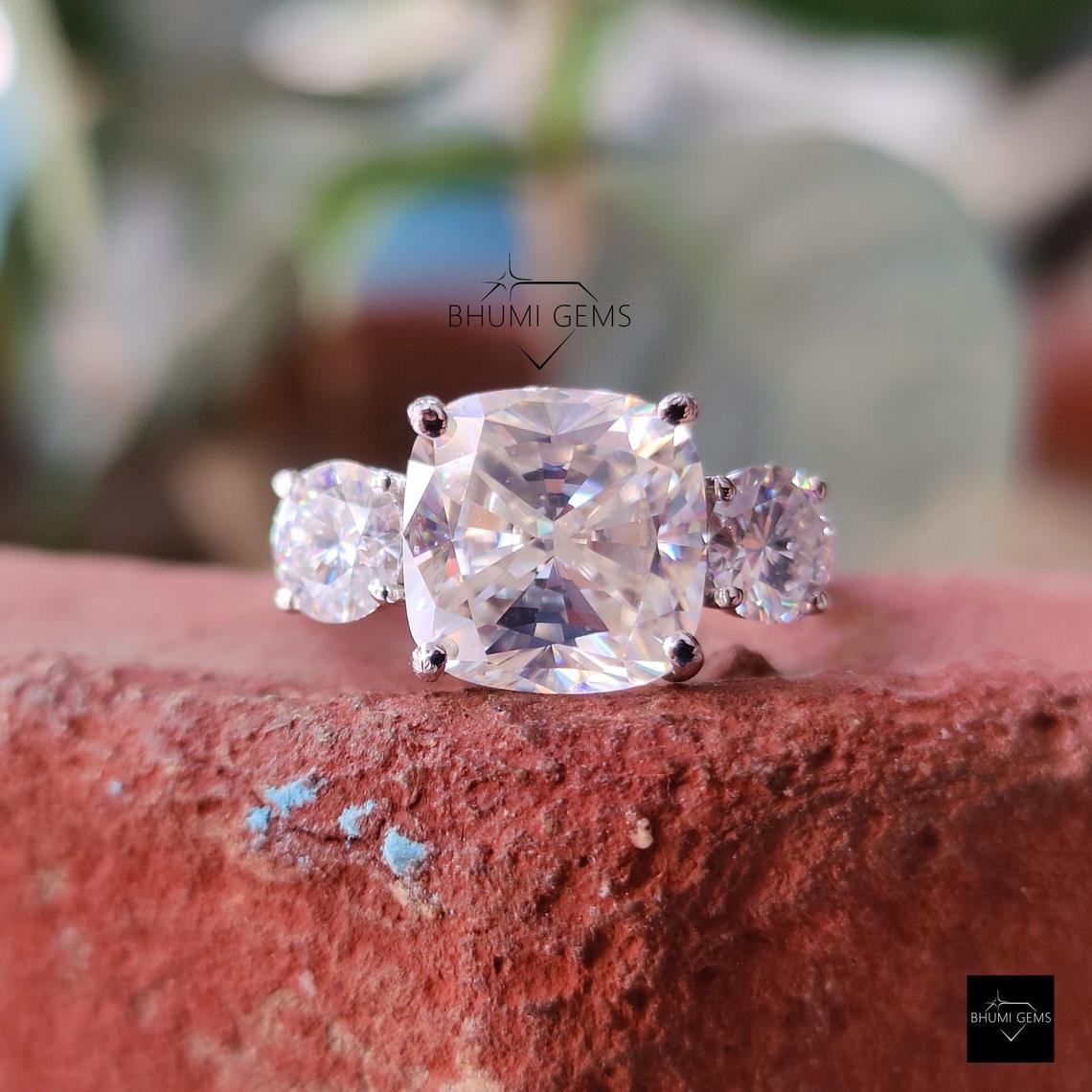 4TCW Cushion Round Three-Stone Moissanite Ring | Bhumi Gems