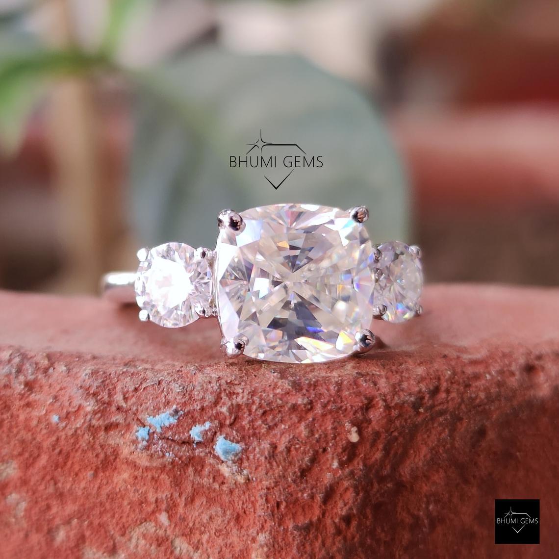 4 TCW Cushion Cut Moissanite Three Stone Engagement Ring - view 4