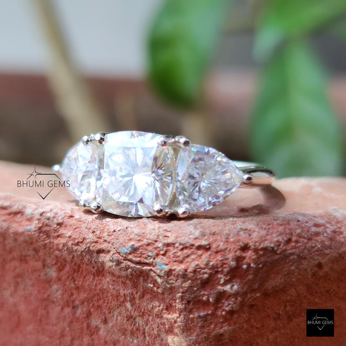 4TCW Cushion & Trillion Cut Moissanite Three Stone Engagement Ring - view 3
