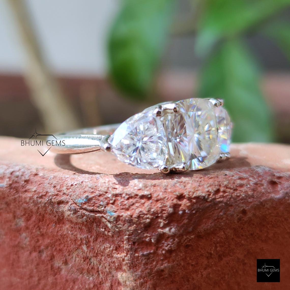 4TCW Cushion & Trillion Cut Moissanite Three Stone Engagement Ring - view 2
