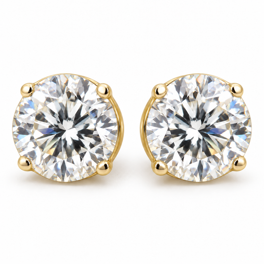 4 TCW round moissanite four prong stud earrings in yellow gold
